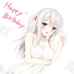Rule 34 | 1girl, arm up, bare arms, bare shoulders, blush, borrowed character, breast hold, breasts, commentary request, dress, eyebrows, hair bobbles, hair ornament, happy birthday, highres, kanitama, long hair, looking at viewer, medium breasts, original, red eyes, smile, solo, tank top, tisshu (karutamo), white dress, white hair