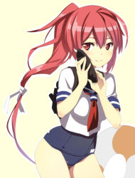 Rule 34 | 10s, 1girl, ahoge, backpack, bag, caryo, cellphone, hair ribbon, i-168 (kancolle), kantai collection, long hair, nanashino, personification, phone, ponytail, red eyes, red hair, ribbon, school swimsuit, school uniform, serafuku, smartphone, smile, solo, swimsuit, swimsuit under clothes