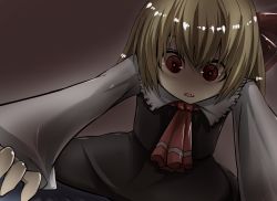 Rule 34 | 1girl, blonde hair, bow, dress, embodiment of scarlet devil, fang, female focus, gaoo (frpjx283), glowing, glowing eyes, hair bow, necktie, open mouth, red eyes, rumia, solo, touhou, you gonna get raped