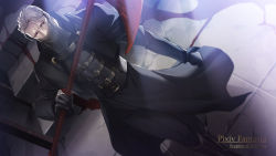 Rule 34 | 1boy, belt, black footwear, black gloves, black jacket, blood, boots, clenched hand, copyright name, dutch angle, facing viewer, gloves, highres, holding, holding scythe, jacket, killingrock, male focus, oi (pfsoz), pixiv fantasia, pixiv fantasia scepter of zeraldia, red eyes, scythe, solo, stairs, stitched mouth, stitches, veil, white hair