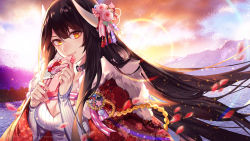 Rule 34 | 1girl, adapted costume, azur lane, black hair, box, breasts, brooch, cleavage, coat, collar, dawn, flower, forest, gift, gift box, hair between eyes, hair flower, hair ornament, hiei (azur lane), highres, holding, holding gift, horns, japanese clothes, jewelry, lips, long hair, long sleeves, looking at viewer, medium breasts, meme attire, mountain, nature, open-chest sweater, petals, pink flower, pink rose, prussia echo, ribbed sweater, rose, solo, sun, sunlight, sweater, tree, upper body, valentine, water, white sweater, yellow eyes