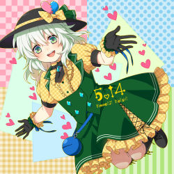 Rule 34 | 1girl, boots, broken heart, character name, checkered clothes, checkered dress, dated, dress, embellished costume, gloves, green eyes, green hair, hat, hat ribbon, heart, heart-shaped pupils, highres, komeiji koishi, looking at viewer, matching hair/eyes, mise yuzuki, open mouth, polka dot, ribbon, short hair, skirt, smile, solo, striped, symbol-shaped pupils, thighhighs, third eye, touhou