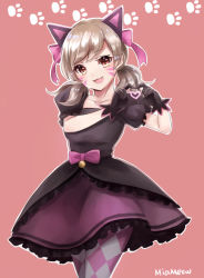 Rule 34 | 1girl, alternate hair color, alternate hair length, alternate hairstyle, animal ears, artist name, bad id, bad pixiv id, black cat d.va, black dress, black gloves, blonde hair, bow, brown eyes, cat ears, collarbone, commentary request, cowboy shot, d.va (overwatch), dress, facepaint, facial mark, fake animal ears, fang, frilled dress, frills, gloves, hair bow, heart, heart hands, looking at viewer, medium hair, miya (zawarudo), official alternate costume, open mouth, outline, overwatch, overwatch 1, pantyhose, paw print, pink background, pink bow, print pantyhose, puffy short sleeves, puffy sleeves, short sleeves, short twintails, signature, simple background, smile, solo, twintails, whisker markings
