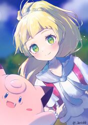 Rule 34 | 1girl, anidf, blonde hair, blunt bangs, blurry, blurry background, blush, blush stickers, clefairy, closed mouth, commentary request, creatures (company), day, eyelashes, game freak, gen 1 pokemon, green eyes, highres, holding strap, lillie (pokemon), long hair, looking at viewer, nintendo, outdoors, pokemon, pokemon (creature), pokemon sm, ponytail, shirt, skirt, smile, tassel, twitter username, watermark, white shirt, white skirt