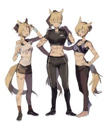 Rule 34 | 3girls, alternate costume, alternate hairstyle, animal ears, arknights, black pants, black shorts, blemishine (arknights), blonde hair, blue eyes, closed eyes, commentary request, hand on own hip, hand up, highres, horse ears, horse girl, horse tail, implied extra ears, multiple girls, multiple scars, nearl (arknights), open mouth, pants, ponytail, scar, shirt, shorts, simpleattack, sports bra, sportswear, sweatpants, tail, whislash (arknights), white background, white shirt, wristband