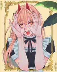 Rule 34 | 1girl, apron, barcode, chainsaw man, cyloiss, demon horns, eyelashes, hair between eyes, hand up, highres, horns, leaf, long hair, maid, maid apron, nail, nail polish, open mouth, picture frame, pink hair, power (chainsaw man), red nails, solo, yellow background, yellow eyes
