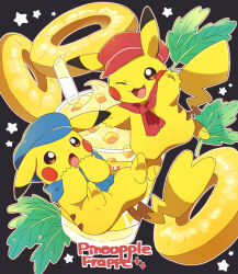 Rule 34 | black background, blue hat, blue scarf, brown eyes, creatures (company), english text, food, fruit, game freak, gen 1 pokemon, hat, leaf, nintendo, no humans, one eye closed, open mouth, pikachu, pineapple, pineapple slice, pokemon, pokemon (creature), red hat, red scarf, roku (rokkrn), scarf, star (symbol), yellow fur