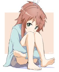 Rule 34 | 1girl, aayh, barefoot, blue hoodie, brown background, brown hair, commentary request, covered mouth, full body, green eyes, grey shorts, hair ribbon, hood, hood down, hoodie, hugging own legs, knees up, koshigaya natsumi, long sleeves, looking at viewer, non non biyori, ponytail, ribbon, short shorts, shorts, signature, soles, solo, two-tone background, white background, white ribbon