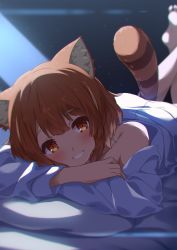 Rule 34 | 1girl, animal ear fluff, animal ears, barefoot, blurry, blurry background, blush, brown hair, chromatic aberration, commentary, depth of field, dress shirt, feet out of frame, grin, highres, indoors, looking at viewer, lying, narumi nanami, night, nijisanji, off shoulder, on pillow, on stomach, orange eyes, ratna petit, red panda ears, red panda tail, shirt, short hair, smile, solo, virtual youtuber, white shirt