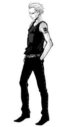 Rule 34 | 1boy, artist request, bare shoulders, belt, greyscale, hand in pocket, jolly roger, male focus, monochrome, nose piercing, persona, persona 4, piercing, scar, short hair, simple background, sleeveless, solo, standing, tatsumi kanji, tattoo, white background