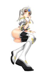 Rule 34 | 1girl, arm support, ass, blush, boots, bracelet, code: empress (elsword), elsword, eve (elsword), facepaint, female focus, full body, grey hair, jewelry, knee boots, looking at viewer, lying, mx2j, simple background, solo, white background, yellow eyes