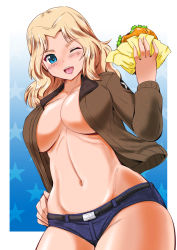 Rule 34 | 10s, 1girl, belt, blonde hair, blue background, blue eyes, blue shorts, blush, breasts, brown jacket, burger, commentary, cowboy shot, denim, denim shorts, emblem, food, girls und panzer, gradient background, hair intakes, hand on own hip, highres, holding, holding food, jacket, kay (girls und panzer), kumoi takashi, large breasts, long hair, long sleeves, looking at viewer, military, military uniform, no shirt, one eye closed, open clothes, open jacket, open mouth, short shorts, shorts, smile, solo, standing, star (symbol), starry background, uniform, united states