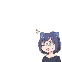 Rule 34 | 1girl, :o, ^^^, a-chan (hololive), blue hair, bow, commentary request, glasses, green eyes, hair bow, hololive, open mouth, ponytail, purin a la mode (popup), semi-rimless eyewear, solo, sweatdrop, under-rim eyewear, upper body, virtual youtuber