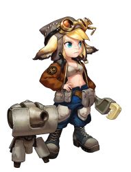 Rule 34 | 1girl, absurdres, bandages, bandaid, bandaid on face, bandaid on nose, belt, blonde hair, blue eyes, blue pants, boots, breasts, cleavage, engineer marianne, full body, fur, game cg, glasses, guardian tales, hand on own hip, hat, highres, holding, holding wrench, huge filesize, jacket, looking to the side, navel, open clothes, open jacket, pants, robot, short hair, small breasts, standing, transparent background, wrench