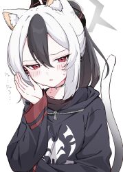 Rule 34 | 1girl, animal ear fluff, animal ears, black hair, black hoodie, black horns, blue archive, blush, cat ears, cat girl, cat tail, commentary, demon horns, ear piercing, extra ears, grey halo, halo, highres, hood, hood down, hoodie, horns, kayoko (blue archive), kemonomimi mode, long sleeves, looking at viewer, mole, mole on collarbone, multicolored hair, open mouth, piercing, red eyes, sentouryoku 5, simple background, solo, streaked hair, sweat, symbol-only commentary, tail, translation request, upper body, v-shaped eyebrows, whispering, white background, white hair