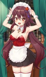 Rule 34 | 1girl, :d, absurdres, alternate costume, apron, armpits, arms up, bare arms, bare shoulders, black skirt, breasts, brown hair, cleavage, cowboy shot, detached collar, enmaided, flower, genshin impact, gradient hair, hair flower, hair ornament, highres, hu tao (genshin impact), leotard, long hair, looking at viewer, maid, maid apron, maid headdress, medium breasts, miniskirt, multicolored hair, no bra, open mouth, pleated skirt, pn (wnsl216), red eyes, red leotard, skirt, smile, solo, standing, star-shaped pupils, star (symbol), strapless, strapless leotard, symbol-shaped pupils, tassel, thighhighs, thighs, twintails, very long hair, waist apron, white thighhighs, wrist cuffs, zettai ryouiki