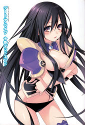 Rule 34 | 10s, 1girl, armor, black hair, blush, breast hold, breasts, cleavage, date a live, gem, highres, long hair, looking at viewer, official art, open mouth, panties, pauldrons, purple eyes, shoulder armor, shoulder pads, simple background, solo, thighhighs, underwear, very long hair, yatogami tooka