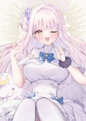Rule 34 | 1girl, angel wings, ayuma sayu, blue archive, blue bow, blue flower, blue scrunchie, bow, breasts, capelet, crescent, cross, dress, feathered wings, flower, frilled ribbon, frills, hair bun, hair flower, hair ornament, hair ribbon, halo, highres, index finger raised, knees up, large breasts, long hair, looking at viewer, low wings, mika (blue archive), one eye closed, open mouth, pink hair, ribbon, scrunchie, single side bun, sleeveless, sleeveless dress, smile, solo, underbust, white background, white capelet, white dress, white ribbon, white wings, wing ornament, wings, wrist scrunchie, yellow eyes