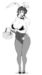 Rule 34 | 1girl, black beat, blush, breasts, rabbit, female focus, highres, large breasts, monochrome, solo