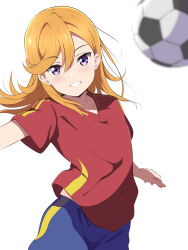 1girl absurdres ball blue_shorts blush borgbutler collarbone commentary_request grin hair_between_eyes highres love_live! love_live!_superstar!! medium_hair orange_hair purple_eyes red_shirt shibuya_kanon shirt short_sleeves shorts simple_background smile soccer_ball soccer_uniform solo sportswear standing teeth white_background