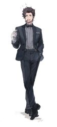 Rule 34 | 1boy, black bow, black bowtie, black footwear, black pants, black suit, bow, bowtie, brown hair, cigar, earrings, facial hair, formal, full body, gloves, granblue fantasy, grey shirt, hand in pocket, highres, jewelry, looking at viewer, male focus, mouth hold, pants, rackam (granblue fantasy), shirt, simple background, solo, stubble, suit, white background, white gloves, yoisho (yoisyoisyo)