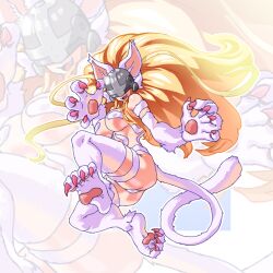 Rule 34 | absurdres, angewomon, animal ears, animal hands, blonde hair, body fur, cat ears, cat girl, cat tail, claws, commentary request, cosplay, crossover, digimon, digimon (creature), fang, feathered wings, felicia (vampire), felicia (vampire) (cosplay), gerusyu, helmet, highres, long hair, nude, smile, tail, vampire (game), white fur, white tail, winged helmet, wings, zoom layer