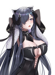 Rule 34 | 1girl, absurdres, arms behind head, august von parseval (azur lane), azur lane, between breasts, black dress, black hair, black horns, breasts, chinese commentary, cleavage, curled horns, dress, hair over one eye, highres, horns, large breasts, long hair, looking at viewer, mechanical horns, open mouth, purple eyes, saliva, simple background, solo, strap between breasts, very long hair, white background, yuyu-lyf