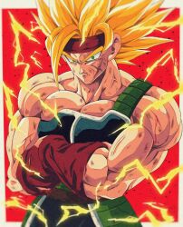 Rule 34 | 1boy, arm warmers, armor, bardock, bare shoulders, biceps, blonde hair, blood, border, bure (fantasticyouth7), closed mouth, collarbone, commentary request, crossed arms, dragon ball, dragonball z, electricity, energy, facial scar, frown, green eyes, headband, looking at viewer, male focus, muscular, muscular male, outside border, pectorals, red background, red headband, saiyan armor, scar, scar on cheek, scar on face, scratches, simple background, solo, spiked hair, super saiyan, super saiyan 1, torn clothes, upper body, v-shaped eyebrows, veins, white border