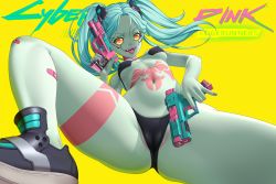 Rule 34 | 1girl, aqua hair, bandaid, bandaid on leg, bare arms, bare shoulders, bikini, black bikini, black footwear, blue nails, breasts, cameltoe, cleft of venus, colored sclera, colored skin, cover, covered erect nipples, cyberpunk (series), cyberpunk edgerunners, cyborg, dual wielding, fangs, female focus, fingernails, forehead, from below, green eyes, grey skin, gun, holding, holding gun, holding weapon, joints, leg tattoo, long fingernails, long hair, looking at viewer, lucknight, medium breasts, nail polish, navel, open mouth, petite, pink nails, pink sclera, rebecca (cyberpunk), robot joints, shiny skin, shoes, simple background, sneakers, solo, spread legs, stomach, stomach tattoo, swimsuit, tattoo, thong, tongue, tongue out, trigger discipline, twintails, underboob, v-shaped eyebrows, weapon, wide hips, yellow background