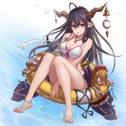 Rule 34 | 10s, 1girl, barefoot, bikini, blush, breasts, cleavage, danua, doll, draph, feet, female focus, granblue fantasy, hair between eyes, horn ornament, horns, jewelry, large breasts, leo thasario, long hair, looking at viewer, navel, open mouth, pointy ears, purple hair, red eyes, saliva swap, solo, swimsuit, toes