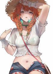 Rule 34 | 1girl, absurdres, betabeet, blue shorts, braid, breasts, choker, green choker, highres, hololive, hololive english, hot, medium breasts, midriff, multicolored hair, navel, official alternate costume, one eye closed, open fly, orange hair, pink eyes, see-through, short sleeves, shorts, simple background, solo, sweat, takanashi kiara, takanashi kiara (casual), twin braids, two-tone hair, unbuttoned, virtual youtuber, white background, wrist cuffs