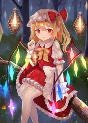 Rule 34 | 1girl, blonde hair, blurry, bokeh, branch, depth of field, drop earrings, earrings, expressionless, fang, fang out, feet out of frame, flandre scarlet, forest, garter straps, glowing, glowing wings, hair between eyes, hat, hat ribbon, holding, holding lantern, in tree, jewelry, lantern, looking at viewer, mob cap, nail polish, nature, night, outdoors, petticoat, pointy ears, puffy short sleeves, puffy sleeves, red eyes, red nails, red skirt, red vest, ribbon, sakizaki saki-p, shirt, short hair, short sleeves, side ponytail, single earring, sitting, skirt, solo, thighhighs, touhou, tree, vest, white hat, white shirt, white thighhighs, wings, wrist cuffs, yellow neckwear, yellow ribbon