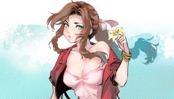 Rule 34 | 1girl, aerith gainsborough, bad id, bad twitter id, bow, braid, braided ponytail, breasts, brown hair, cleavage, cropped jacket, dress, drill hair, final fantasy, final fantasy vii, final fantasy vii remake, flower, green eyes, highres, jacket, large breasts, lips, off shoulder, pink bow, pink dress, red jacket, robot cat (robotcatart), side drill, smile, solo, tri drills