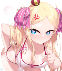 Rule 34 | 1girl, absurdres, aged up, alternate breast size, angry, beatrice (re:zero), bikini, blonde hair, blue eyes, blush, breasts, butterfly-shaped pupils, cleavage, commission, crown, hand on own hip, highres, izulizuru, large breasts, leaning forward, long hair, looking at viewer, mini crown, pointing, pointing at viewer, pout, re:zero kara hajimeru isekai seikatsu, second-party source, shiny skin, sidelocks, solo, swimsuit, symbol-shaped pupils, twintails, water, wet