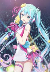 Rule 34 | aqua eyes, aqua hair, belted skirt, collared shirt, cowboy shot, dark room, gloves, glowing, glowstick, hair ornament, hatsune miku, headset, highres, holding, holding wand, idol, light particles, long hair, looking at viewer, magical mirai (vocaloid), necktie, number tattoo, open mouth, penlight (glowstick), pink gloves, pink necktie, pink shirt, pink skirt, shirt, skirt, sleeveless, sleeveless shirt, smile, stage, star (symbol), star hair ornament, star wand, tattoo, twintails, two-tone dress, two-tone shirt, vocaloid, wand, white shirt, white skirt, wotagei, yumenone (conectarts)