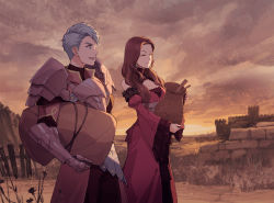 Rule 34 | 1boy, 1girl, :d, armor, bare shoulders, breastplate, breasts, brick wall, brown hair, carrying, carrying under arm, caspar von bergliez, cleavage, closed mouth, commentary request, commission, detached sleeves, dorothea arnault, dress, closed eyes, fence, fire emblem, fire emblem: three houses, gauntlets, grey eyes, grey hair, highres, holding, juliet sleeves, long hair, long sleeves, medium breasts, nintendo, open mouth, outdoors, pixiv commission, puffy sleeves, red dress, red sleeves, sleeveless, sleeveless dress, sleeves past wrists, smile, sunset, tugo, wide sleeves