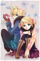 Rule 34 | 1boy, 1girl, blonde hair, boots, brother and sister, coat, gift, gloves, hair ornament, hairclip, highres, holding, holding gift, kagamine len, kagamine rin, pantyhose, short hair, siblings, sitting, smile, twins, twintails, vocaloid, yamako, yamako (state of children)