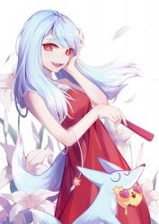 Rule 34 | 1girl, artist request, blue hair, cookie run, dress, fox girl, humanization, kumiho cookie, multicolored hair, personification, red eyes, sleeveless, sleeveless dress, slit pupils, solo, source request