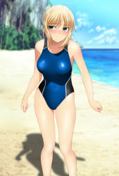 Rule 34 | 1girl, ahoge, artoria pendragon (all), artoria pendragon (fate), bare arms, bare legs, bare shoulders, beach, blonde hair, blush, breasts, closed mouth, day, embarrassed, fate/grand order, fate (series), green eyes, groin, hair intakes, highres, large breasts, legs, looking at viewer, ocean, outdoors, saber (fate), sand, shadow, shiny clothes, shiny skin, shy, sky, solo, standing, swimsuit, thighs, water, yadokari genpachirou