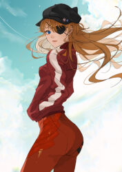 Rule 34 | 1girl, absurdres, artist request, ass, blue eyes, bodysuit, bodysuit under clothes, breasts, brown hair, evangelion: 3.0 you can (not) redo, eyepatch, hair between eyes, hand in pocket, hands in pockets, highres, jacket, long hair, looking at viewer, looking back, medium breasts, neon genesis evangelion, parted lips, pilot suit, plugsuit, rebuild of evangelion, red bodysuit, shiny clothes, solo, souryuu asuka langley, standing, tongue, tongue out, track jacket
