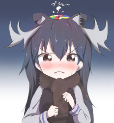 Rule 34 | 10s, 1girl, animal ears, antlers, black hair, blush, broken, brown eyes, crying, crying with eyes open, extra ears, gradient background, hair between eyes, highres, holding, horns, kemono friends, long hair, long sleeves, looking at viewer, moose (kemono friends), moose ears, nose blush, paper balloon, pepecho, scarf, sketch, solo, tears, upper body