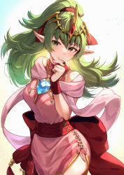 Rule 34 | 1girl, blush, breasts, bridal gauntlets, chest jewel, commentary request, covered mouth, dragonstone, dress, fire emblem, fire emblem: mystery of the emblem, fire emblem awakening, fire emblem heroes, floating hair, gem, green eyes, green hair, hair between eyes, hair ribbon, hand on own chin, high ponytail, highres, jewelry, long hair, looking at viewer, medium breasts, nakabayashi zun, nintendo, official alternate costume, pelvic curtain, pink dress, pointy ears, red ribbon, ribbon, sash, short dress, side slit, signature, sleeveless, sleeveless dress, solo, tiara, tiki (adult) (fire emblem), tiki (fire emblem)