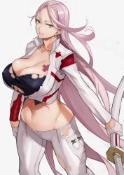Rule 34 | 1girl, absurdres, black bra, bra, breast tattoo, breasts, cleavage, cropped jacket, earrings, fingerless gloves, gloves, highres, holding, holding sword, holding weapon, huge breasts, jacket, jewelry, katana, long hair, navel, pants, parted lips, pink hair, pink lips, sagiri yuuko, sheath, skindentation, standing, stomach, sword, tattoo, torn bra, torn clothes, torn pants, triage x, underwear, very long hair, weapon, white background, white jacket, white pants, yellow eyes, yoshio (55level)