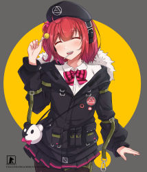 Rule 34 | 1girl, ahoge, beret, black pantyhose, blouse, blush, candy, closed eyes, collared shirt, commission, food, girls&#039; frontline, hat, highres, jacket, lollipop, mp7 (girls&#039; frontline), off shoulder, open mouth, pantyhose, pleated skirt, ransei48, red hair, ribbon, shirt, side ponytail, simple background, skirt, smile, solo, white shirt