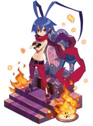 Rule 34 | 1boy, antenna hair, black gloves, blue hair, boots, crossed arms, disgaea, faux figurine, fire, full body, gloves, harada takehito, laharl, makai wars, male focus, official art, pointy ears, red eyes, red footwear, scarf, solo, standing, throne, topless male, transparent background