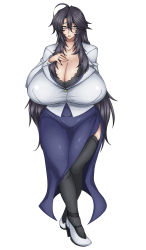 Rule 34 | 1girl, ahoge, black eyes, black hair, black thighhighs, breast suppress, breasts, cleavage, commentary request, covered erect nipples, curvy, female focus, full body, gigantic breasts, glasses, hair between eyes, high heels, highres, hip focus, jewelry, kurokagami ranko, legs, long hair, long skirt, looking at viewer, mature female, mole, mole under mouth, muchigaku, original, otogi tetsurou, parted lips, purple skirt, ring, sagging breasts, shirt, shoes, side slit, simple background, skirt, solo, standing, thighhighs, wedding band, white background, wide hips