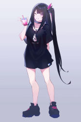 Rule 34 | 1girl, absurdres, alternate costume, architect (girls&#039; frontline), black footwear, black hair, black shirt, blush, breasts, clothes writing, cup, full body, girls&#039; frontline, grey background, grin, highres, holding, holding cup, inpamas, long hair, long shirt, looking at viewer, medium breasts, one eye closed, one side up, pale skin, pink eyes, shirt, shoes, simple background, smile, sneakers, w