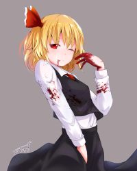 Rule 34 | 1girl, ;p, baileys (tranquillity650), black skirt, blonde hair, blood, blood from mouth, blood on clothes, blood on face, blood on hands, commentary request, grey background, hair ribbon, highres, long hair, long sleeves, one eye closed, red eyes, red ribbon, ribbon, rumia, short hair, signature, simple background, skirt, slit pupils, solo, tongue, tongue out, touhou