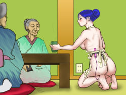 Rule 34 | apron, ass, blue hair, breasts, censored, large breasts, lips, naked apron, papermania, pussy, sex toy, sideboob, sweat, vibrator