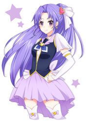 Rule 34 | 10s, 1girl, bad id, bad pixiv id, brooch, cure fortune, hair ornament, hand on own hip, happinesscharge precure!, heart, heart brooch, heart hair ornament, hikawa iona, hinama amu, jewelry, long hair, magical girl, necktie, ponytail, precure, purple eyes, purple hair, purple skirt, skirt, smile, solo, thighhighs, white background, white thighhighs, wide ponytail